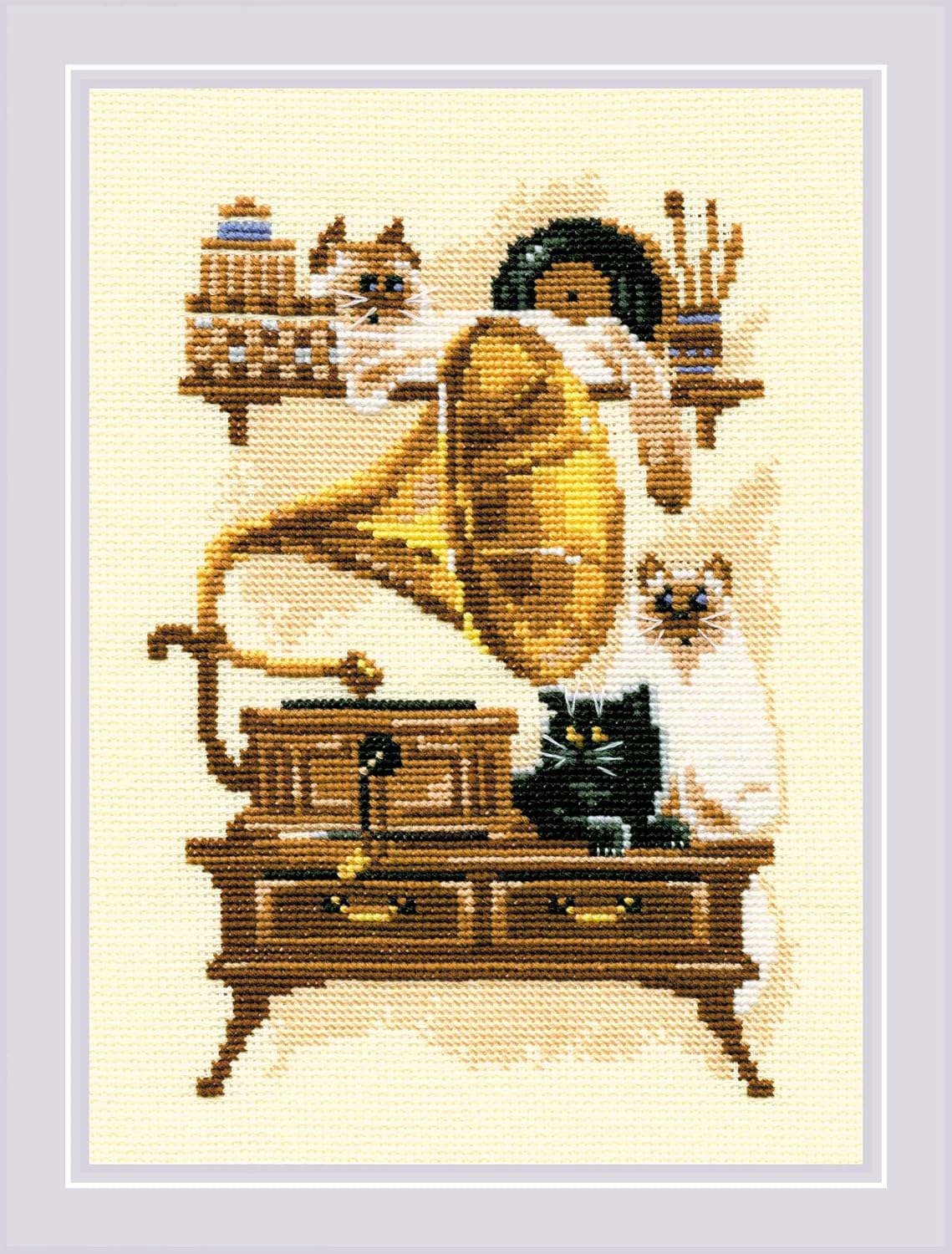 RIOLIS - Cat with Gramaphone 859, Cat Lovers Cross Stitch Kits 7" x 9½", Cross Stitch Kits for Beginners & Advanced, Crossstitching Kit Adult, Animals Embroidery Kit