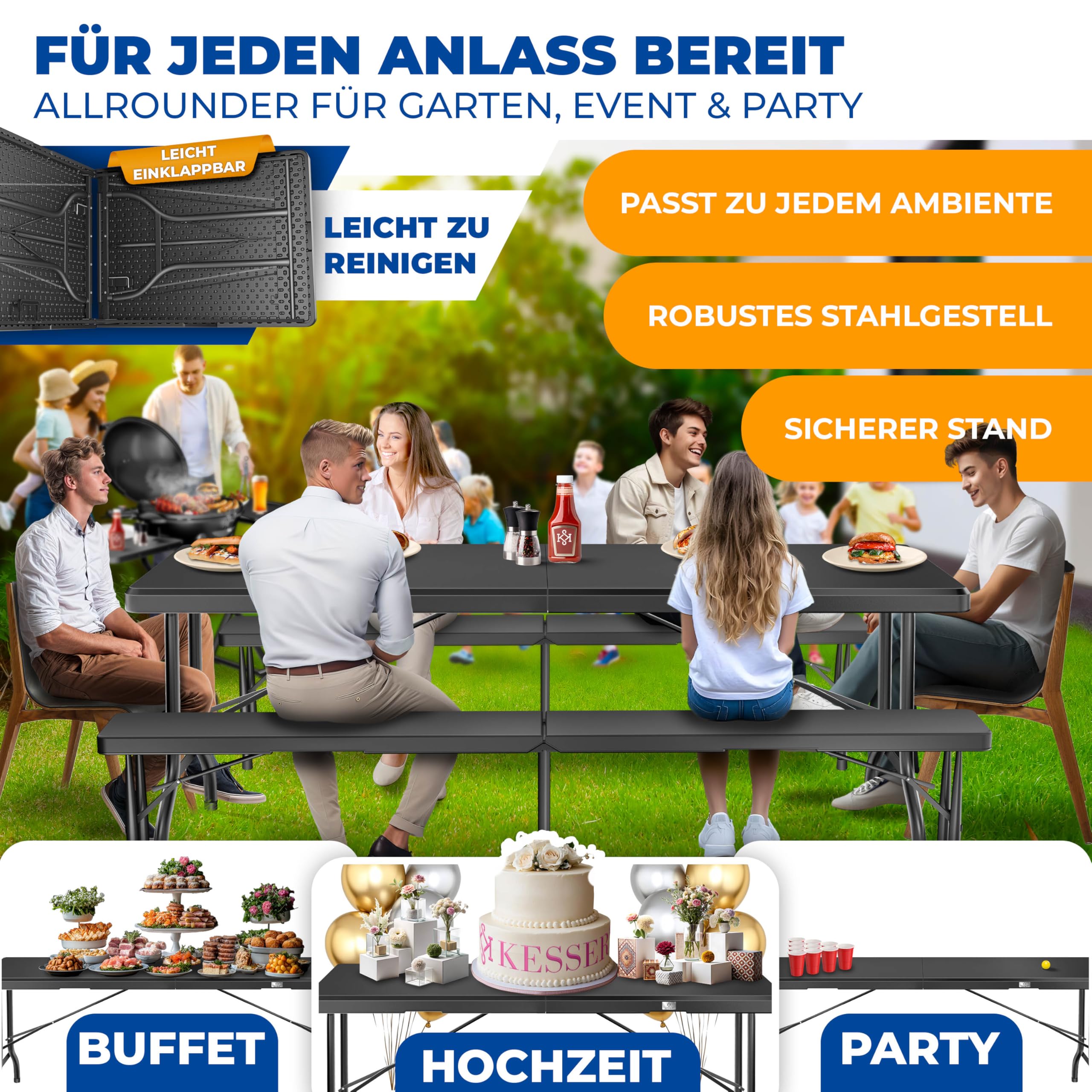 KESSER® Buffettisch Tisch klappbar Kunststoff 183x76 cm Campingtisch Partytisch Klapptisch Gartentisch für Garten, Terrasse und Balkon zusammenklappbar 6 Personen inkl. Cover & Tragegriff, Anthrazit
