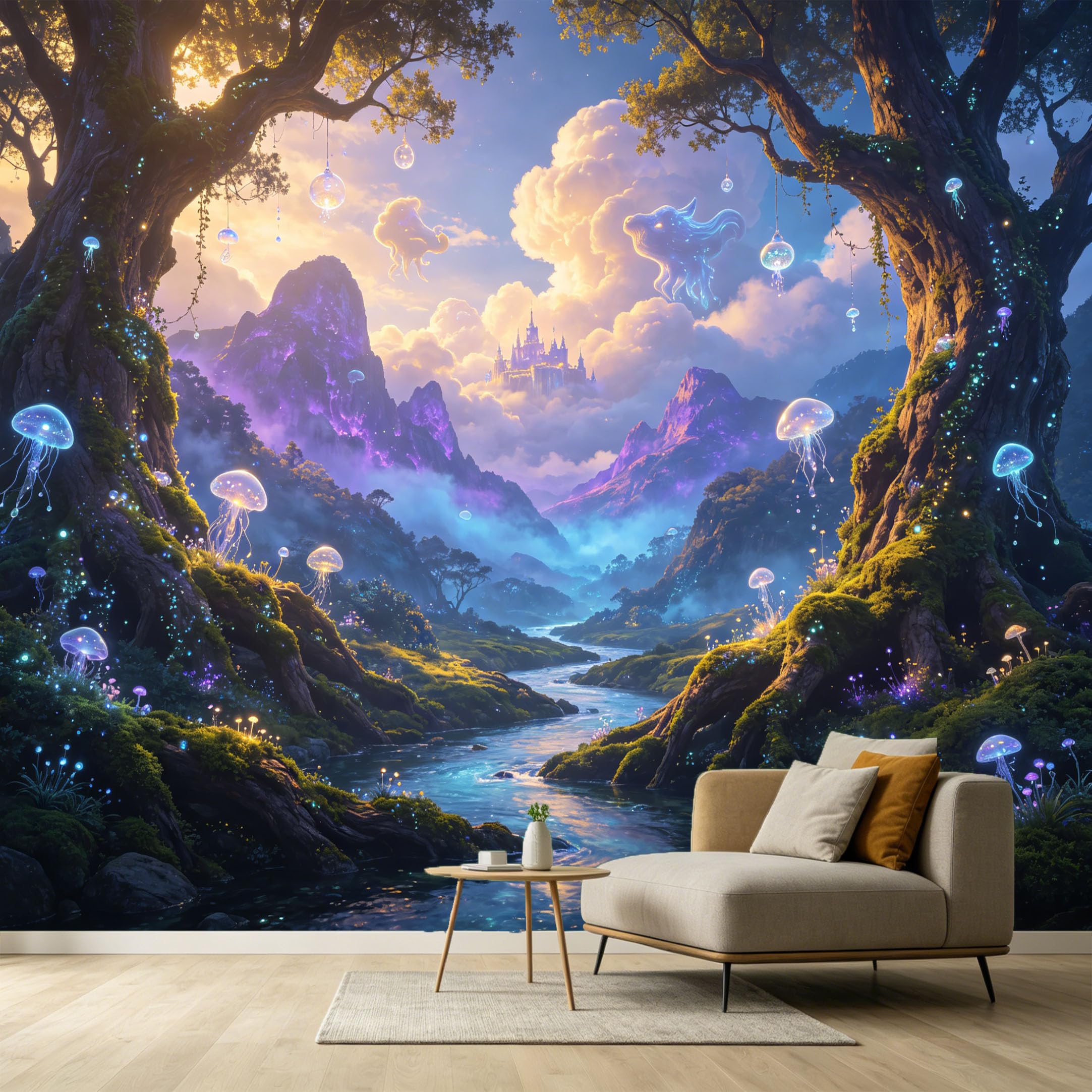 Custom Size Wall Murals Fantasy Forest Mountain Lake Jellyfish Bioluminescent Lighting Contemporary SelfAdhesive Wall Fabric Removable Large Wallpaper for Photo Living Room