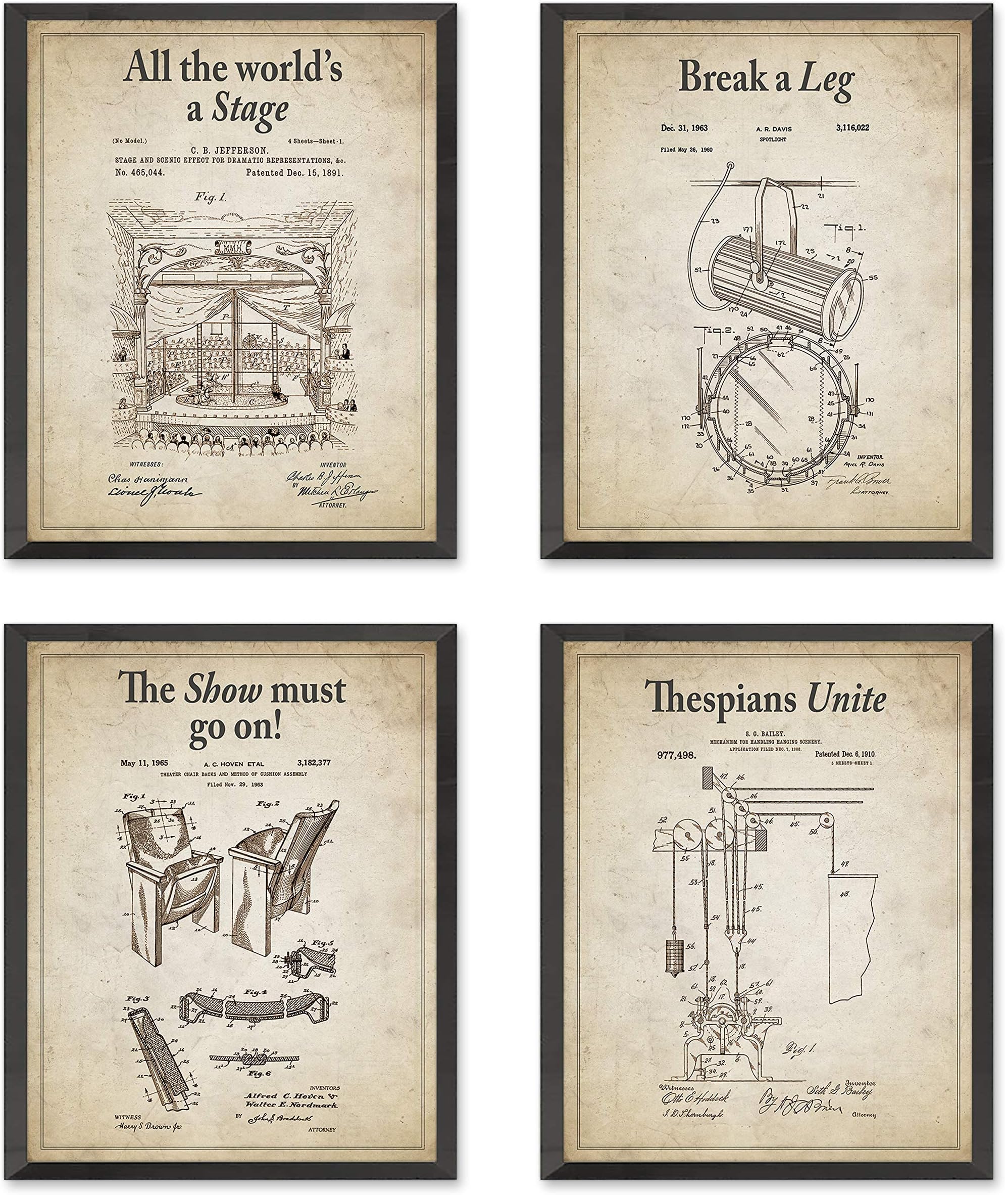 Theatre Wall Patent Art Prints -Set of 4 Unframed โ Vintage Stage, Spotlight, Pulley, and Seat Designs โ Perfect Drama Gift for Theatre Lovers & Home Decor - 8x10 Inches
