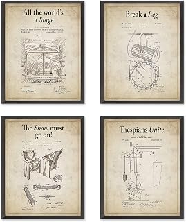 Theatre Wall Patent Art Prints -Set of 4 Unframed – Vintage Stage, Spotlight, Pulley, and Seat Designs – Perfect Drama Gift for Theatre Lovers & Home Decor - 8x10 Inches