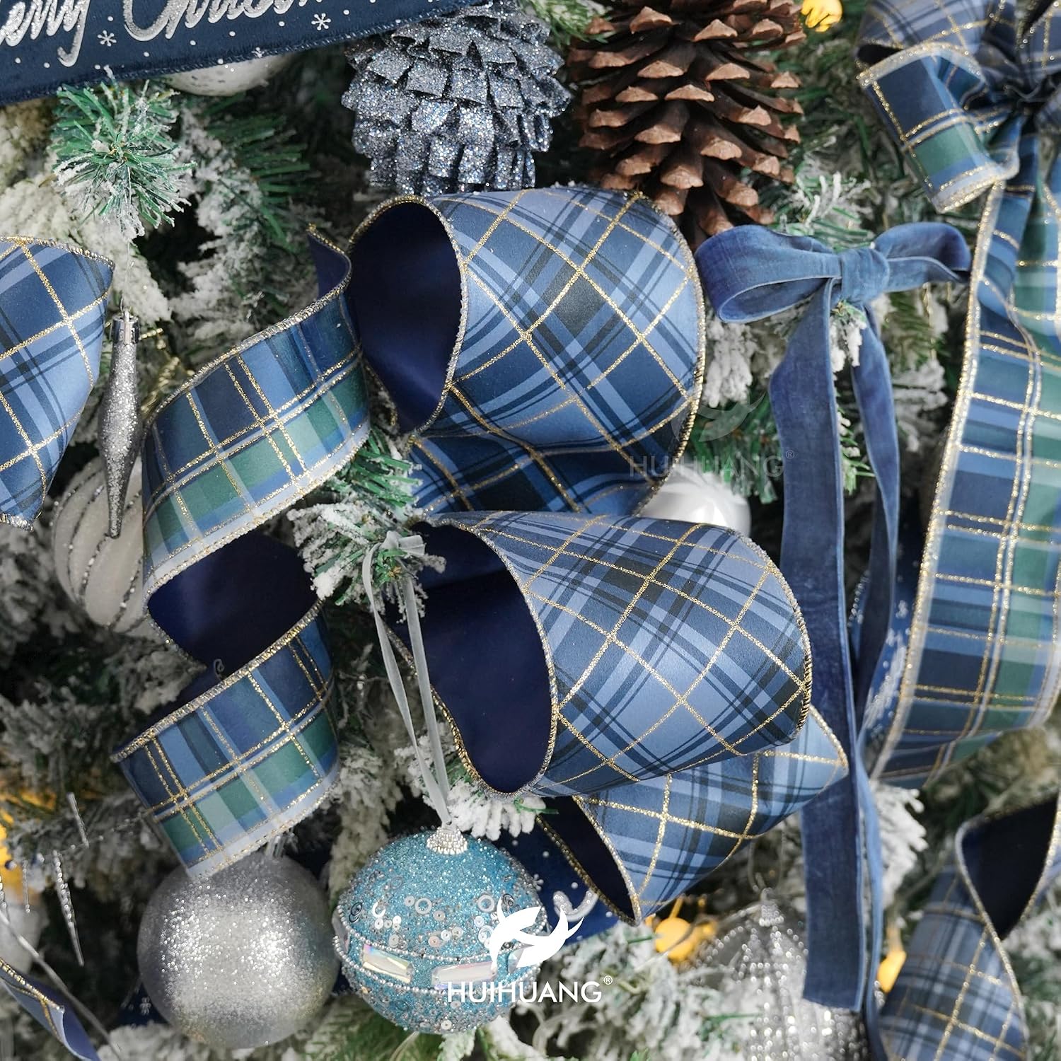 HUIHUANG Blue Plaid Christmas Wired Ribbon 4 inch Blue and Gold Checkered Velvet Ribbon for Christmas Tree, Garlands, Wreaths, Large Bows, Swags, Crafts, Holiday Home Decor- Continuous 10 Yards
