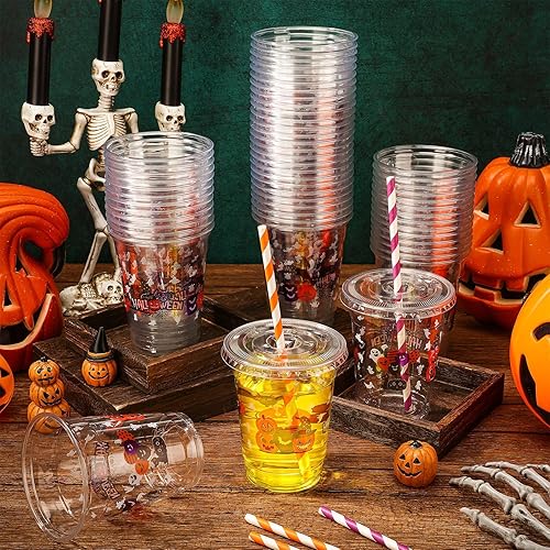 Miniatura 5 de Juego de 100 vasos de plástico transparente de 12 onzas con tapas y pajitas de papel, suministros de fiesta de Halloween para fiesta de Halloween,