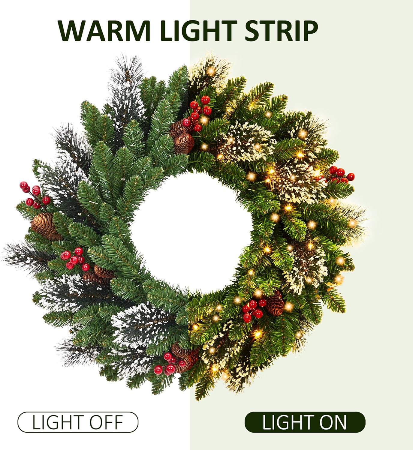 Christmas Wreath Set of 6 – Complete Pre-Lit LED Outdoor & Indoor Holiday Decor Kit with Warm White Battery-Operated Lights, Flame Retardant PVC, for Front Door, Garage Door, and More