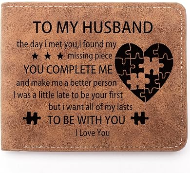 THTCSQ To My Husband Leather Wallet for Man Engraved Personalized Leather Wallet Fathers Day Anniversary Wedding Birthday Gifts for Husband from Wife Valentines Day Gifts you complete me
