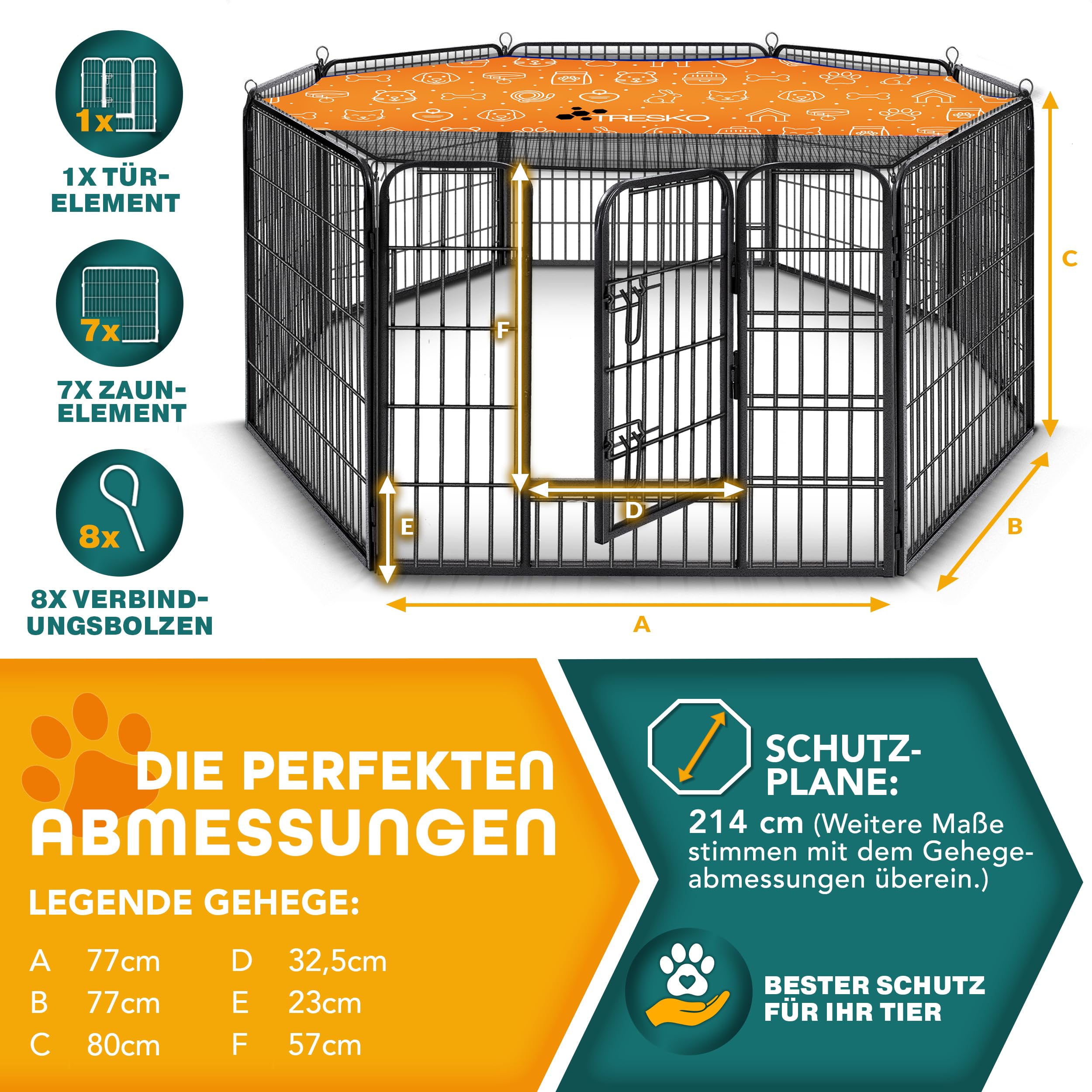 TRESKO Welpenlaufstall 80 cm hoch 8-teilig faltbar mit Tür wetterfest