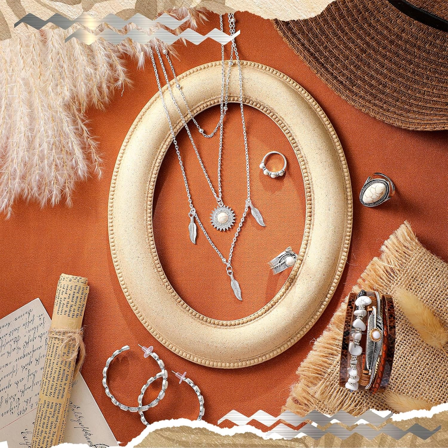 Ecally Bohemian Western Jewelry Turquoise Set Women Country Pendant Long Choker Layered Bracelets Earrings Ring for Women - Image 5