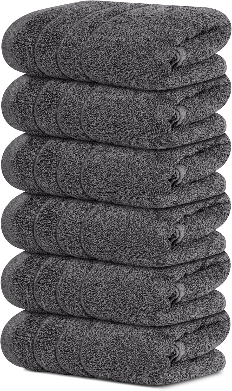 Tens Pack of 6 Hand Towels, 100% Cotton, Quick Dry, 16 x 28 Inches, Super Soft and Absorbent, Dark Grey