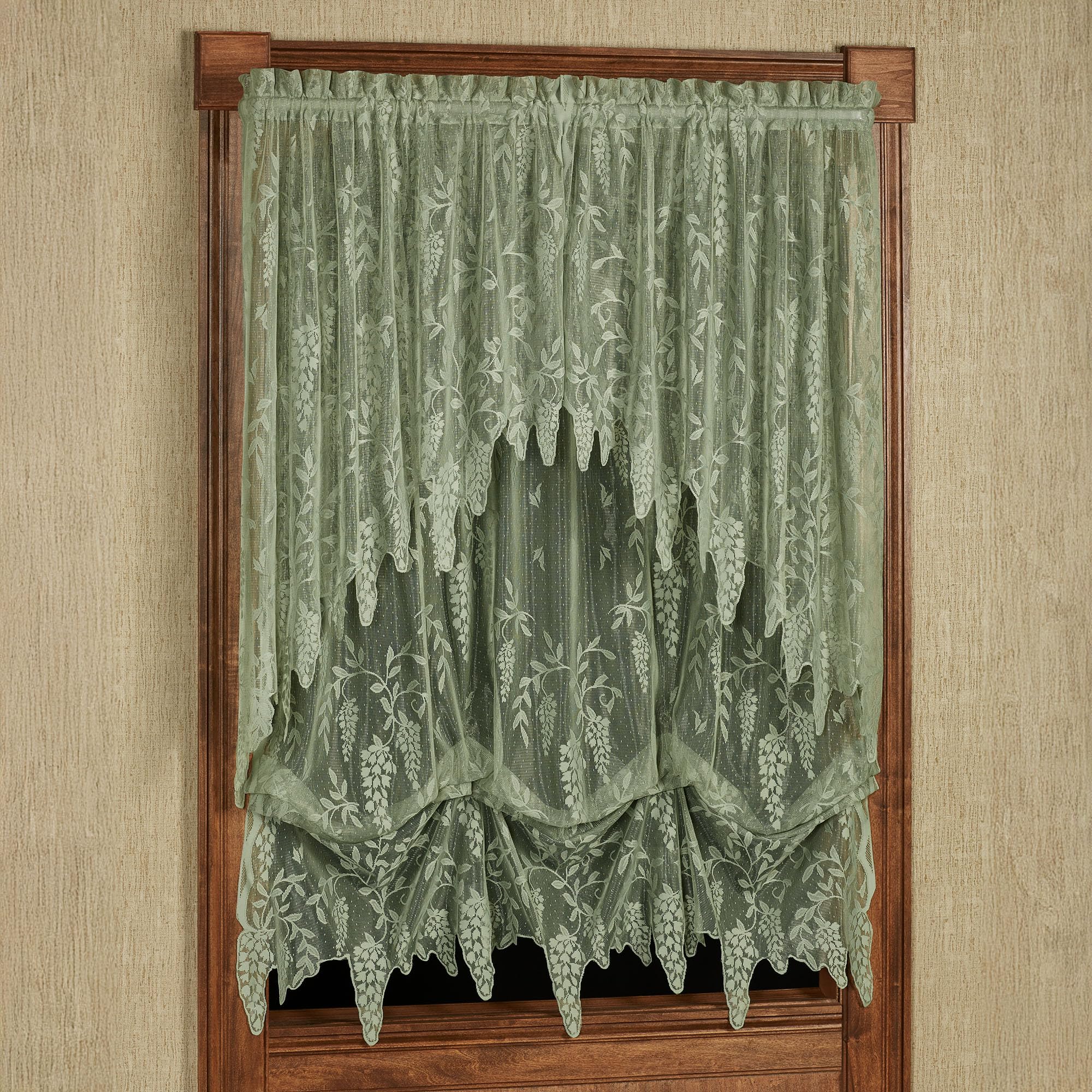 Luxury Sheer Polyester Wisteria Arbor Lace Window Treatment | 2 Piece Set 38L Swag Pair and Balloon Shade | Classic Timeless Traditional | Flower | Sage | Rod Pocket | Machine wash | Light Filtering