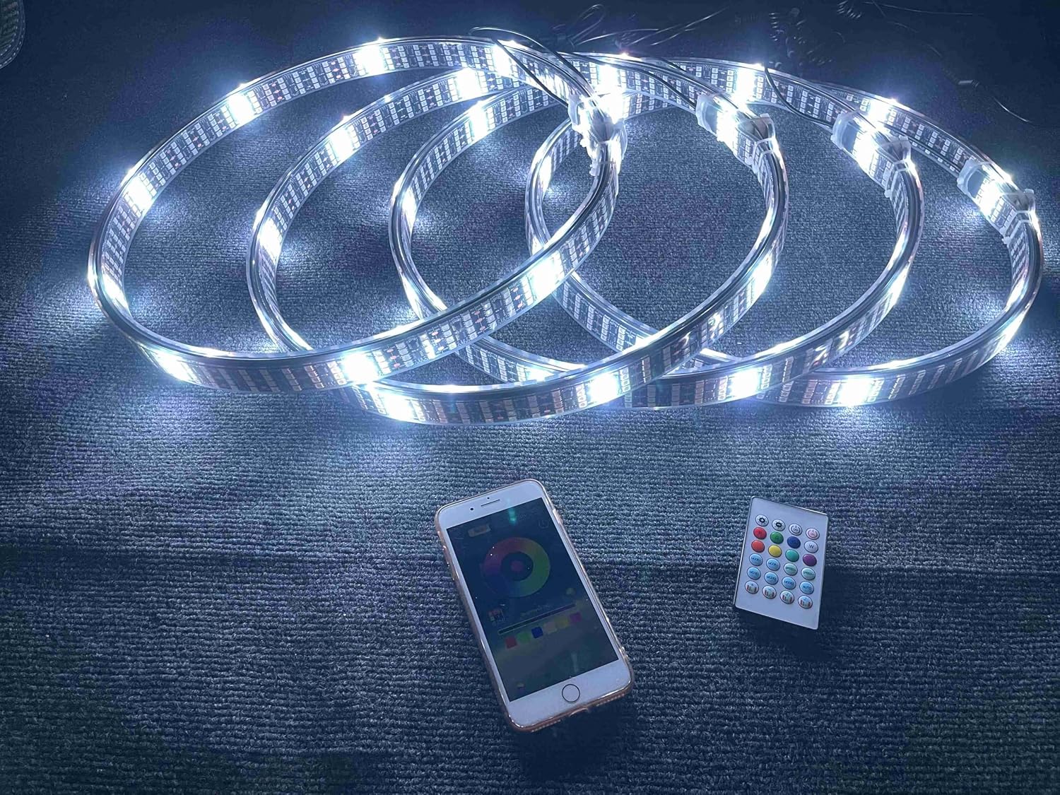 8Rolls 17.5" Double Sided Quad Row Wheel Lights - Brightest RGB Multi-Color Addressable LEDs, Dynamic Lighted Up Wheel Rim Tire Rings, Bluetooth Remote, Wheel Lights for Truck & Car