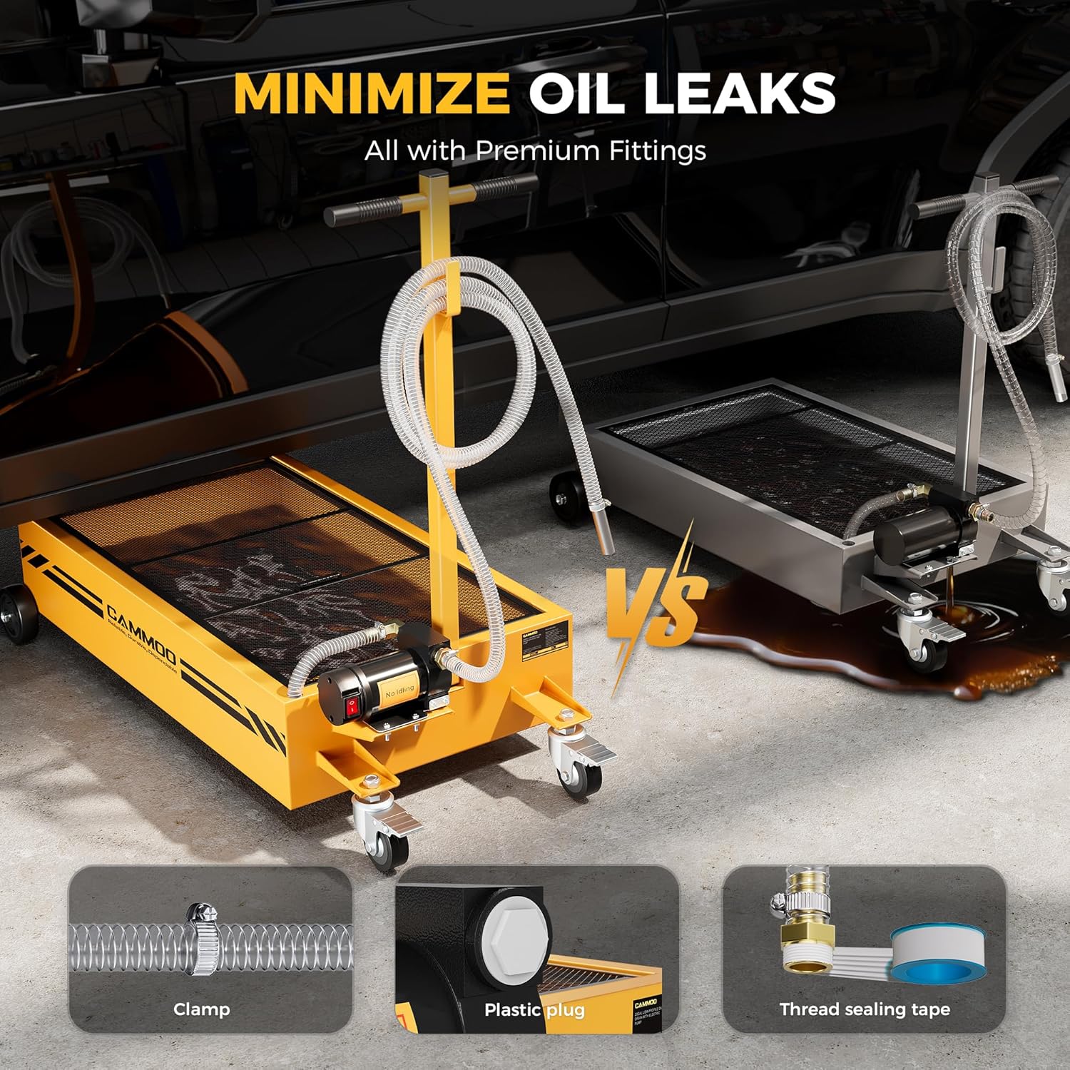 CAMMOO 20 Gal Electric Oil Drain Pan, 110V High-Flow Pump, 9.8 FT Hose, 200 W Motor, 2 Locking Swivel Casters and 2 Directional Wheels Stable, Folding Handle, Heavy-Duty for Trucks, RVs, SUVs, Yellow