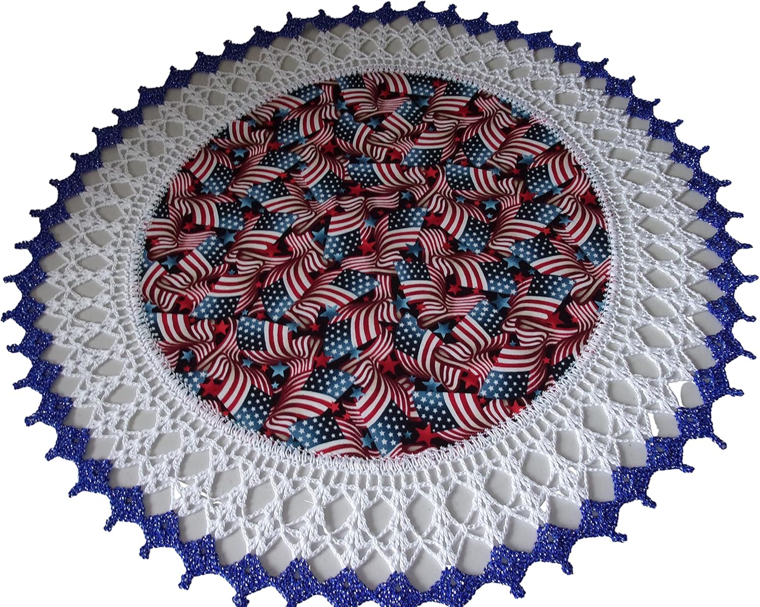 Patriotic Doily Flags Red and Blue Stars 4th of July Table Topper Round Lace Table Decoration Fabric Center Doily Crocheted Edge 20 Inches Centerpiece