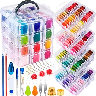 BYMORE 262-Piece Embroidery Floss Kit: 200 Vibrant 8m Colors, 48 Needles, Tools & 4-Tier Storage Box for Cross Stitch