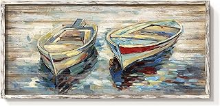 Beach Boats Framed Wall Art: Abstract Canoe Painting Hand Painted Coastal Sailing Boat Wooden Painting Modern Nautical Sail Picture Seaside Rowboat Artwork Decor for Living Room