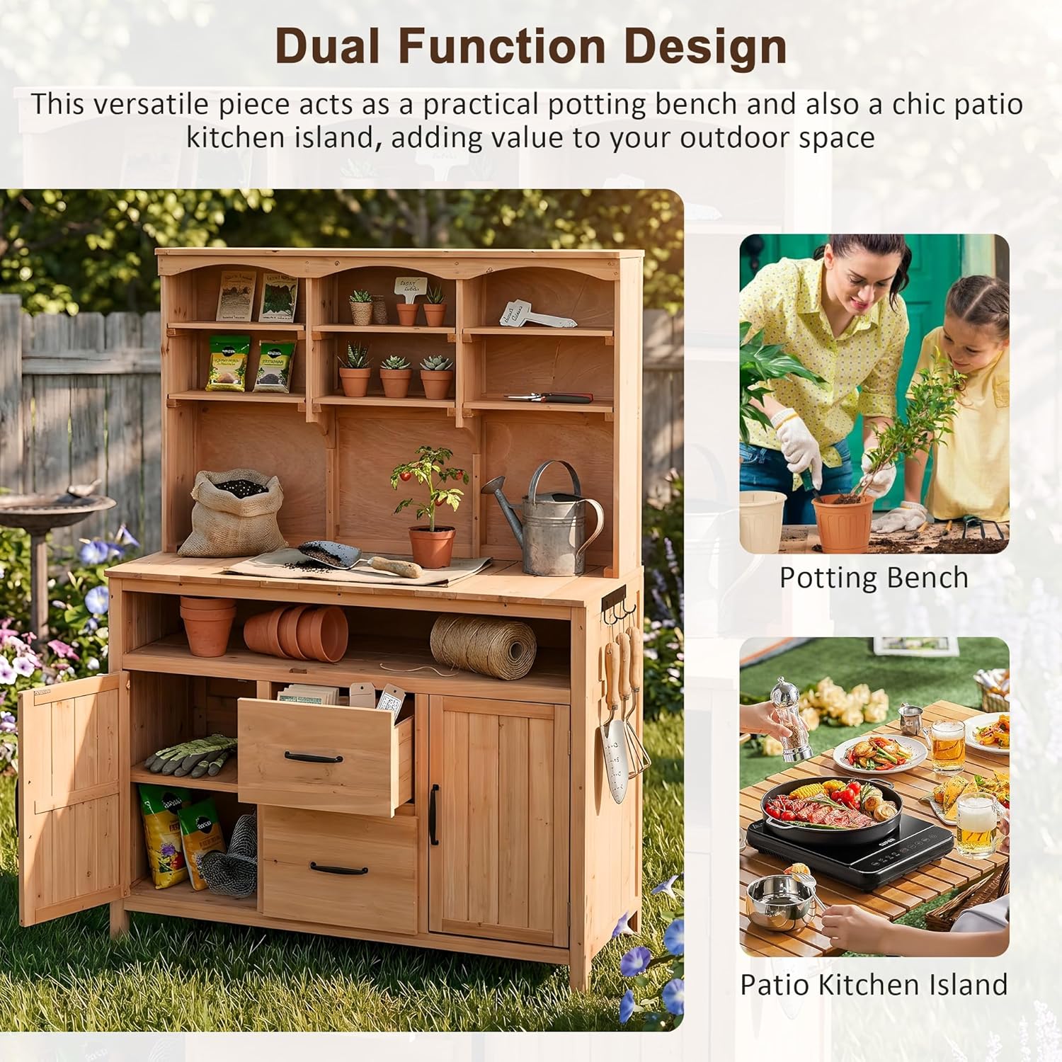 Polibi Large Fir Wood Potting Bench 45.3" Outdoor Patio Kitchen Island with Hutch, Cabinets, Drawers & Hooks, Multi-Functional Gardening Workbench for Grill, Natural Wood