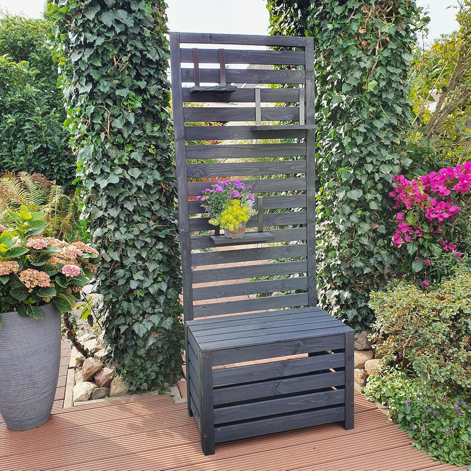 Trellis privacy screen with storage box.