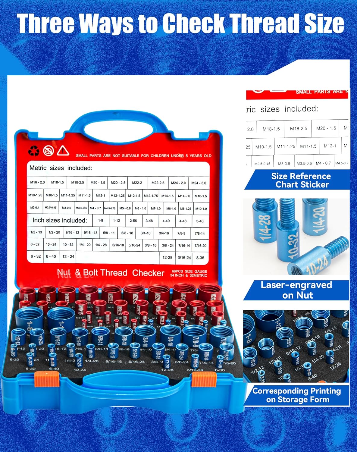 66 Nut and Bolt Thread Checker with Storage Box, Thread Checker Measuring Tool(34 Metric & 32 Standard), Bolt Size and Thread Gauge Finder Suitable for inspecting in Narrow and Tricky Areas