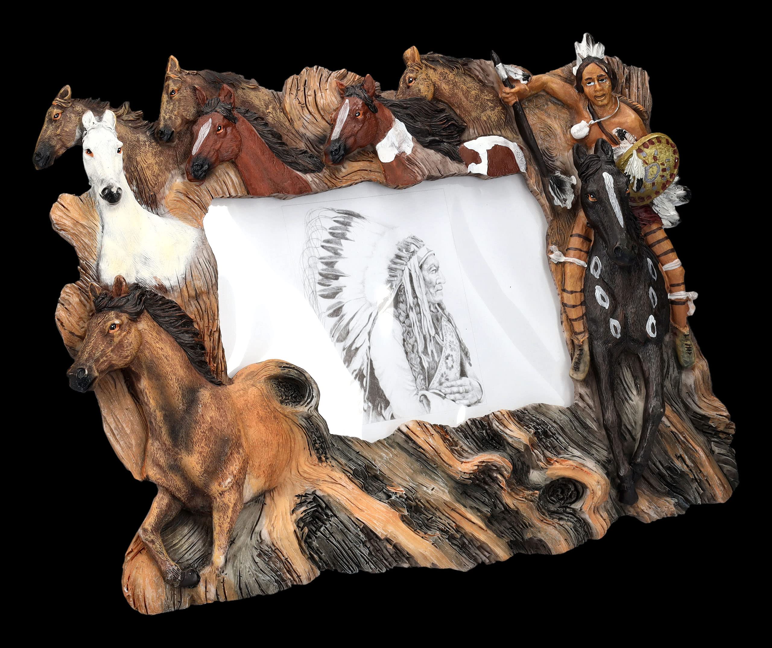 Cornice Portafoto Western Con Cavalli E Indiani - Figuren Shop GmbH, 20x32 Cm, Per Foto 10x15 Cm, In Poliresina