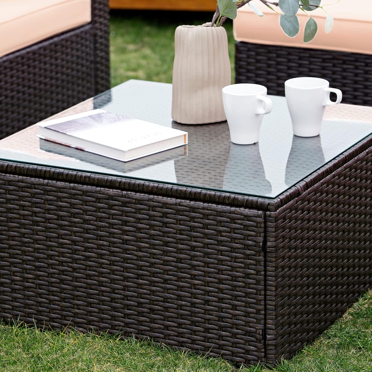 Flamaker 6 Piece Patio Furniture Outdoor Wicker Sectional Sofa with Thick Cushions & Tempered Glass Table Rattan Conversation Set for Deck, Porch, Terrace (Beige)