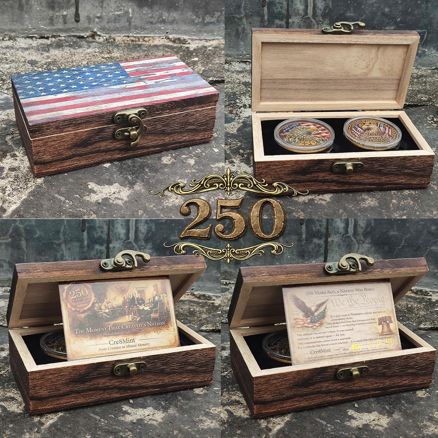 250th Anniversary USA Commemorative Coin Set with Wooden Gift Box, Patriotic Eagle & Liberty Bell Coins, 1776–2026 Freedom Keepsake, Veteran Gift, 250 Anniversary America Merchandise