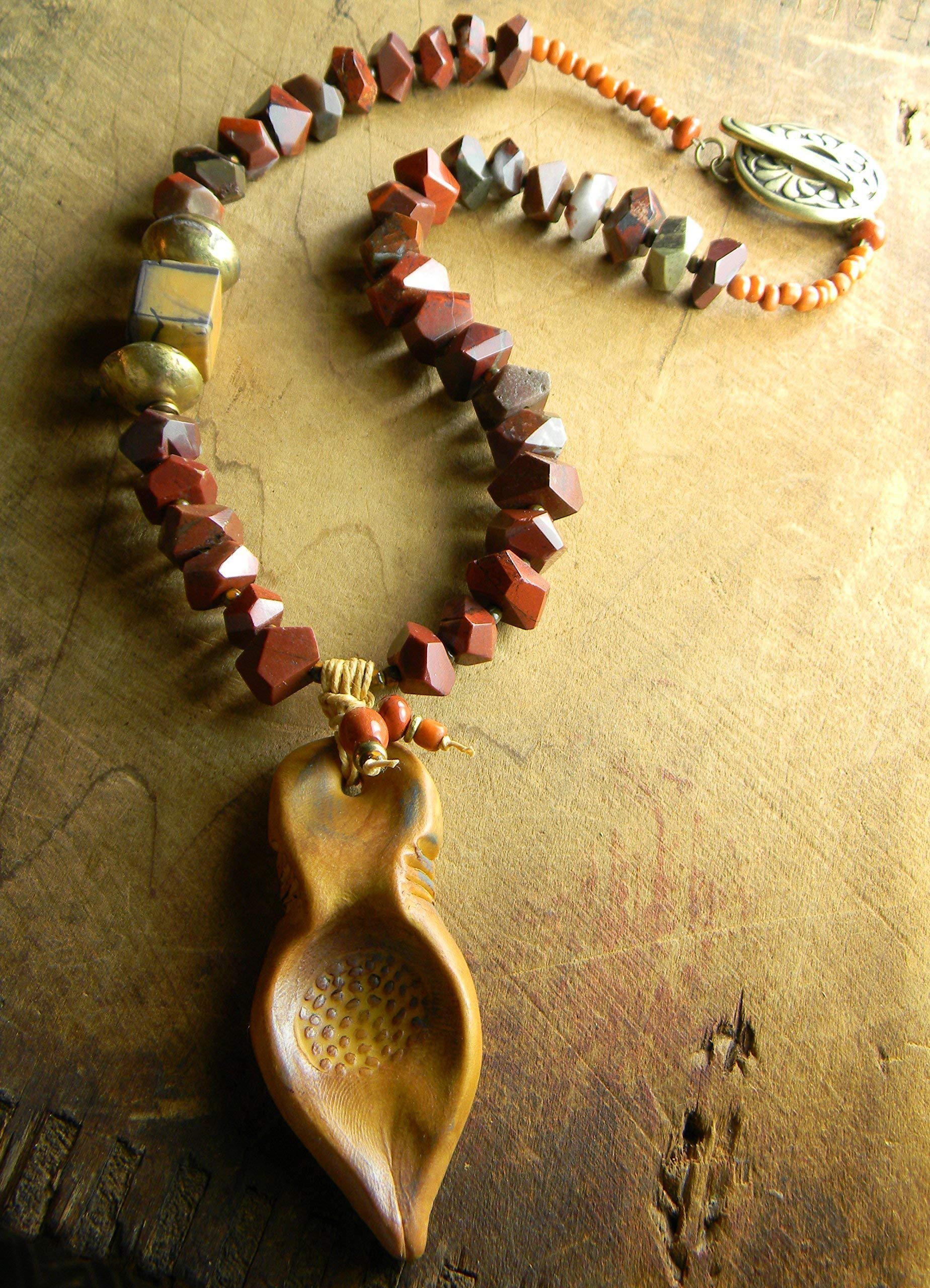 Clay Pendant Necklace Red Jasper Yellow Ochre Beaded