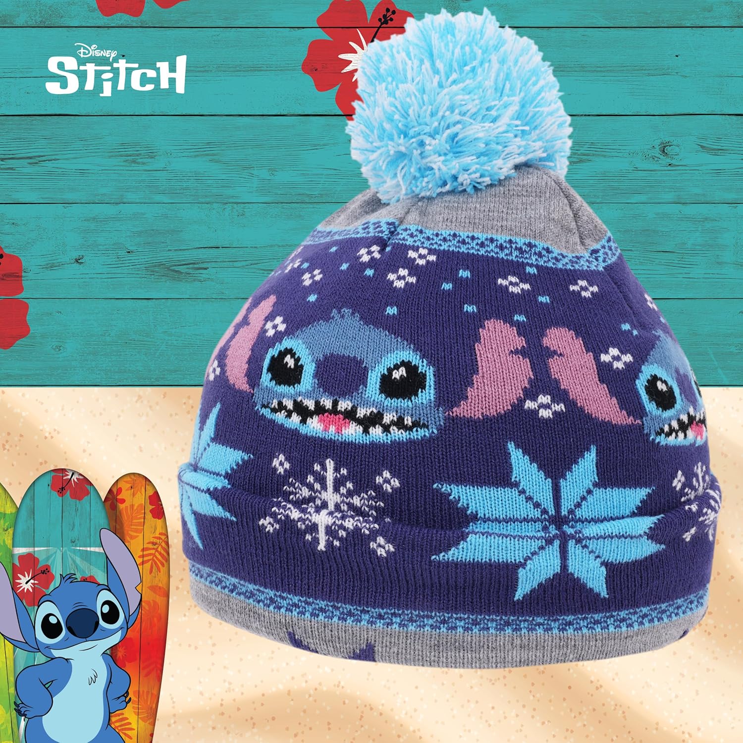 Stitch Fair Isle Knitted Cuffed Holiday Beanie Hat with Stitch Character Face and a Pom Pom, Snowflakes Design, One Size, Multicolor - Image 6