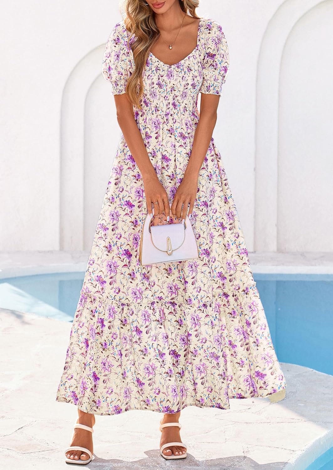 PRETTYGARDEN Women's Floral Boho Maxi Dresses Flowy Short Sleeve A Line Smocked Eyelet 2026 Summer Beach Vacation Clothes - Image 8