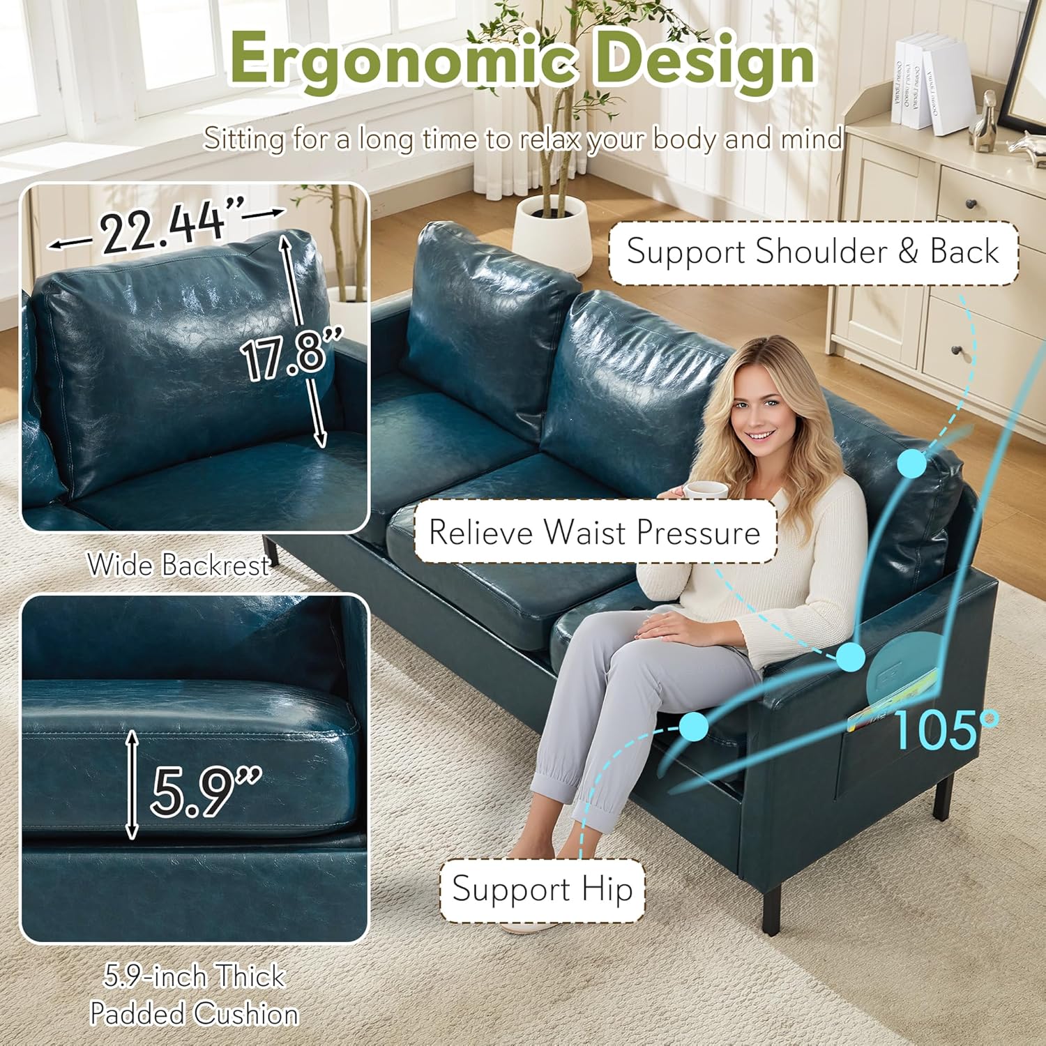 STHOUYN 73" W Faux Leather Couch w/ 2 USB, Leather Sofa w/Side Pockets, Wooden Frame 3 Seat Couch for Livingroom, Office, Apartment (Blue, 3 Seater)