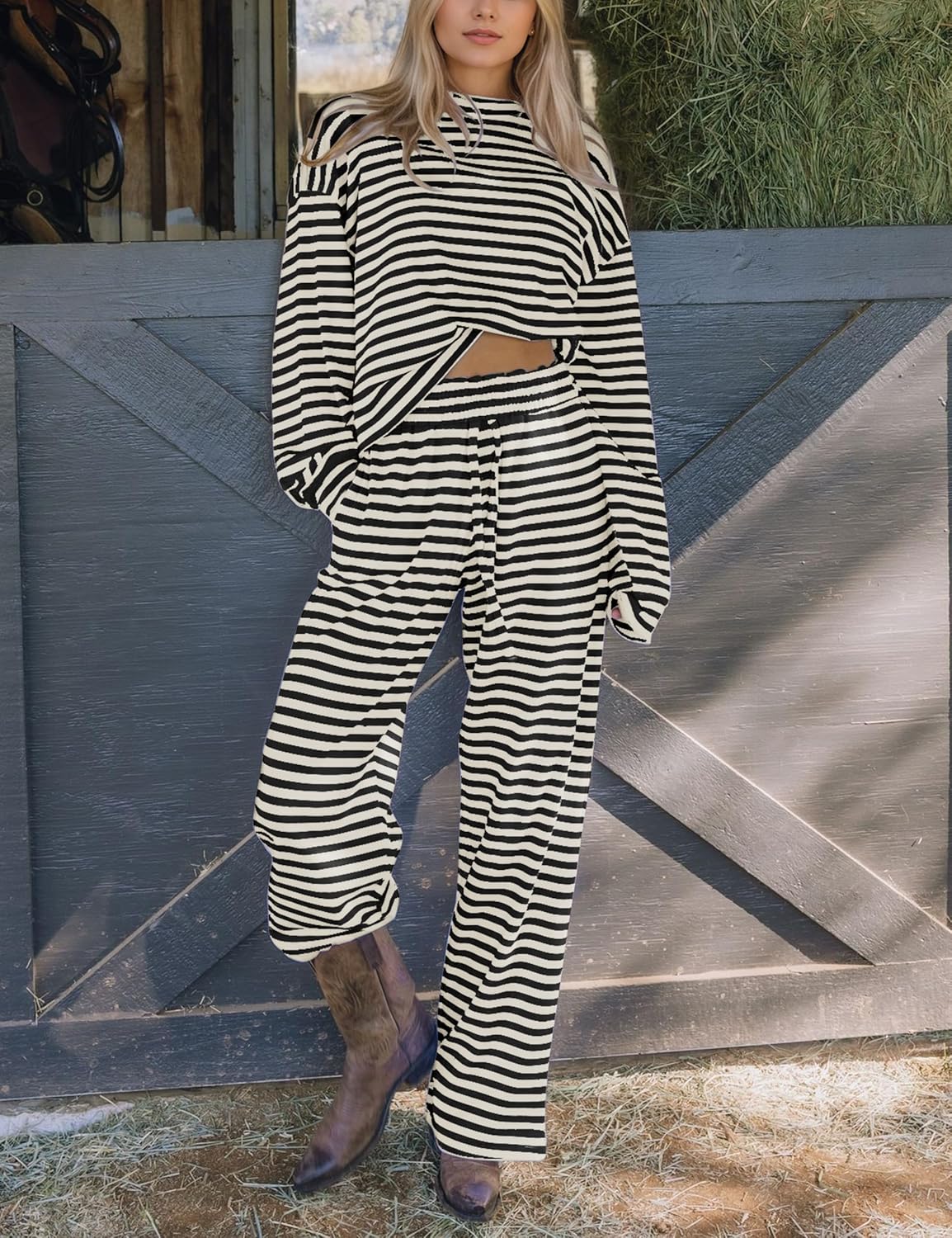 Ythomm Striped Pajamas Womens 2 Piece Sets Long Sleeve Tee Shirts Drawstring Wide Leg Pants Matching Sets Fall Lounge Outfits - Image 3