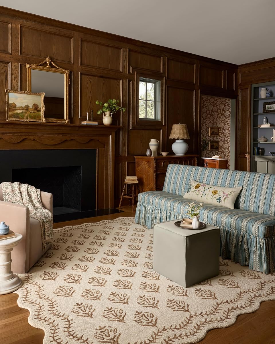 Loloi Rifle Paper Co Lisette Ivory/Natural 5'-0" x 7'-6" Area Rug | LST-01 Scalloped Approx. 5x7 Ivory / White Living room Dining room Bedroom, Botanical, Hand-Tufted, Tonal, Area Rug