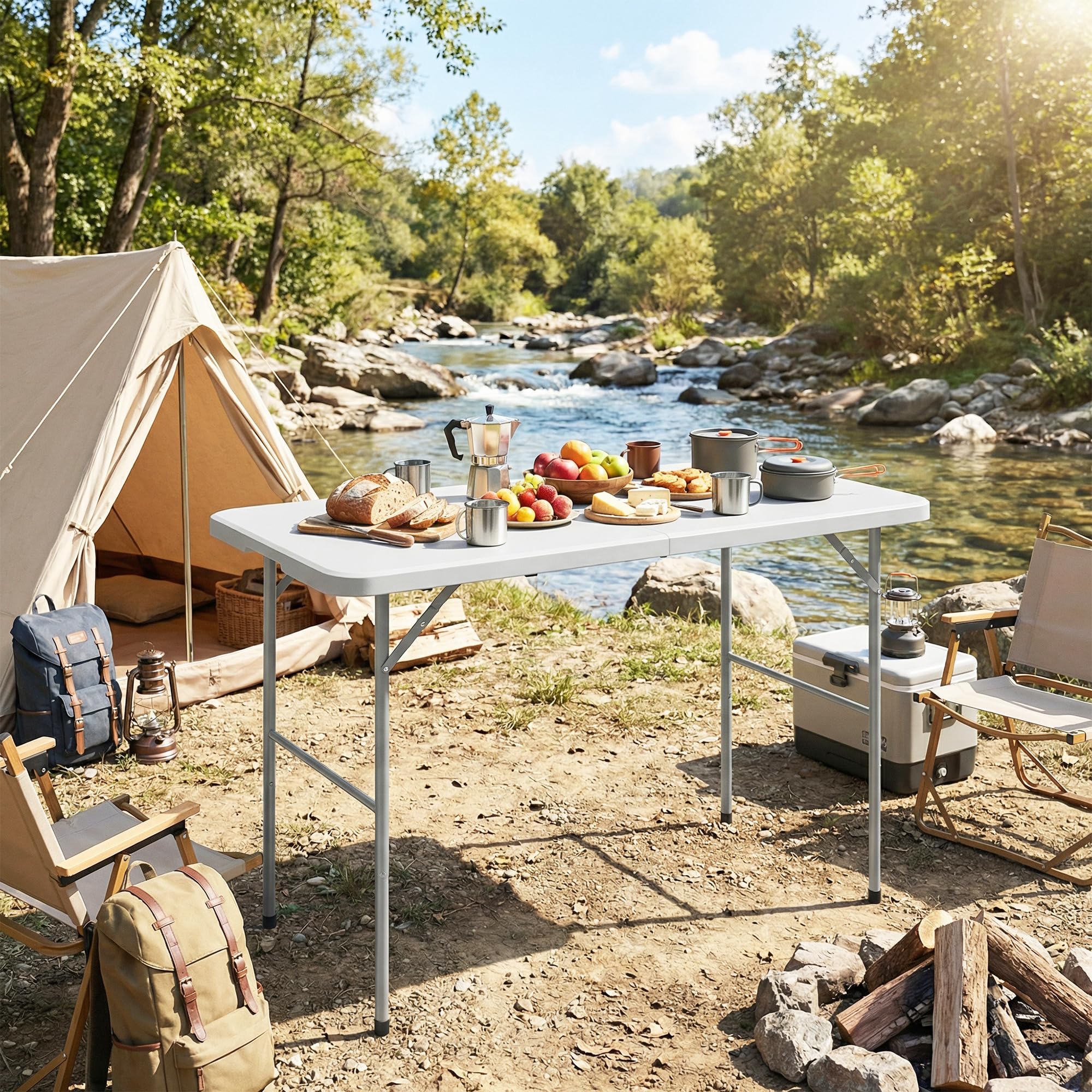 Outsunny Tavolo da Campeggio Pieghevole in HDPE, Tavolo da Picnic con 2 Altezze Regolabili e Maniglia per il Trasporto, 120 x 60 cm, Uso Interno ed Esterno per Patio, Spiaggia, BBQ, Bianco
