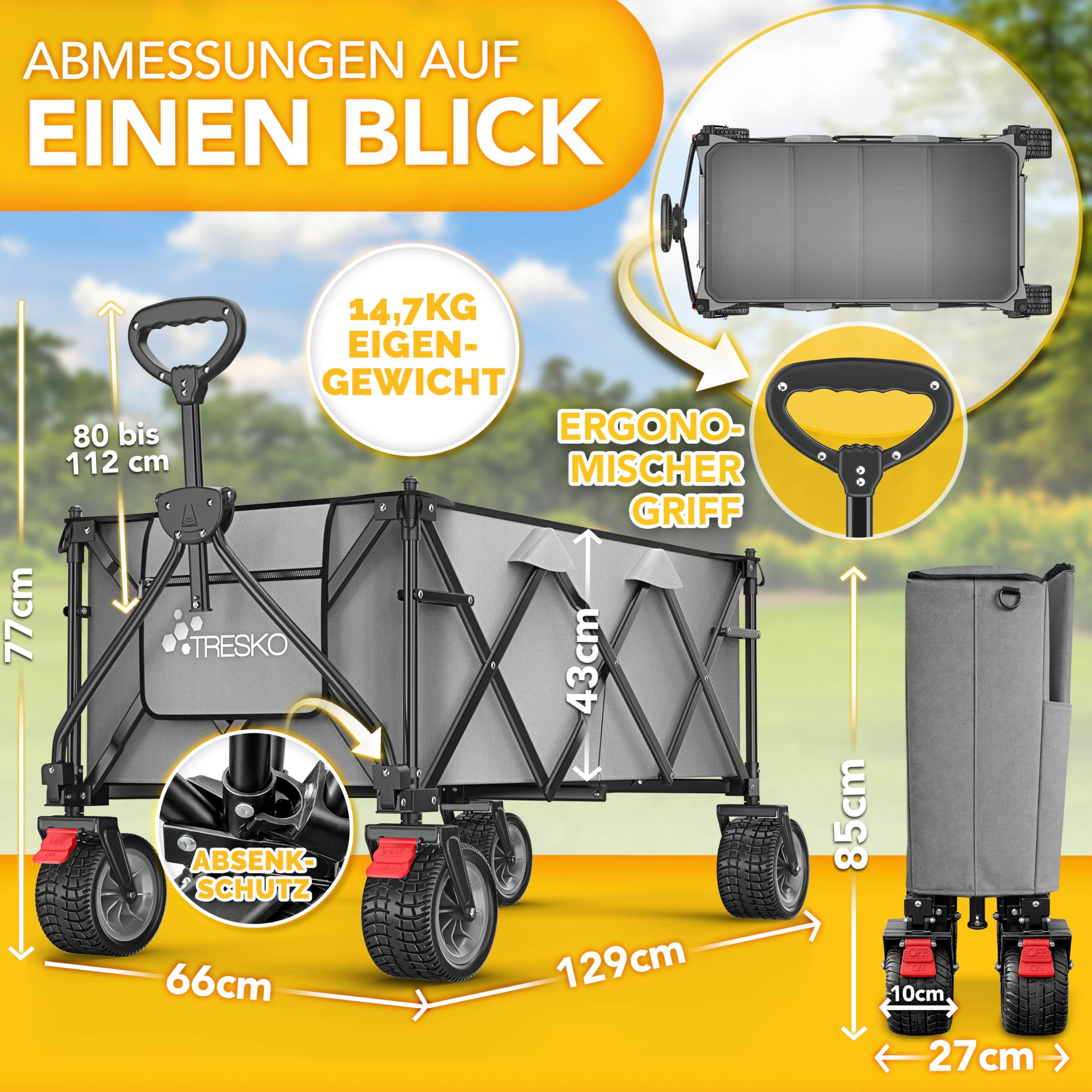 TRESKO® Bollerwagen faltbar 300L mit Bremse | Handwagen klappbar 150kg inkl. Vollgummireifen | Faltbarer Strandwagen Extra Breite All-Terrain-Räder | Transportwagen mit Tragetasche (Grau)