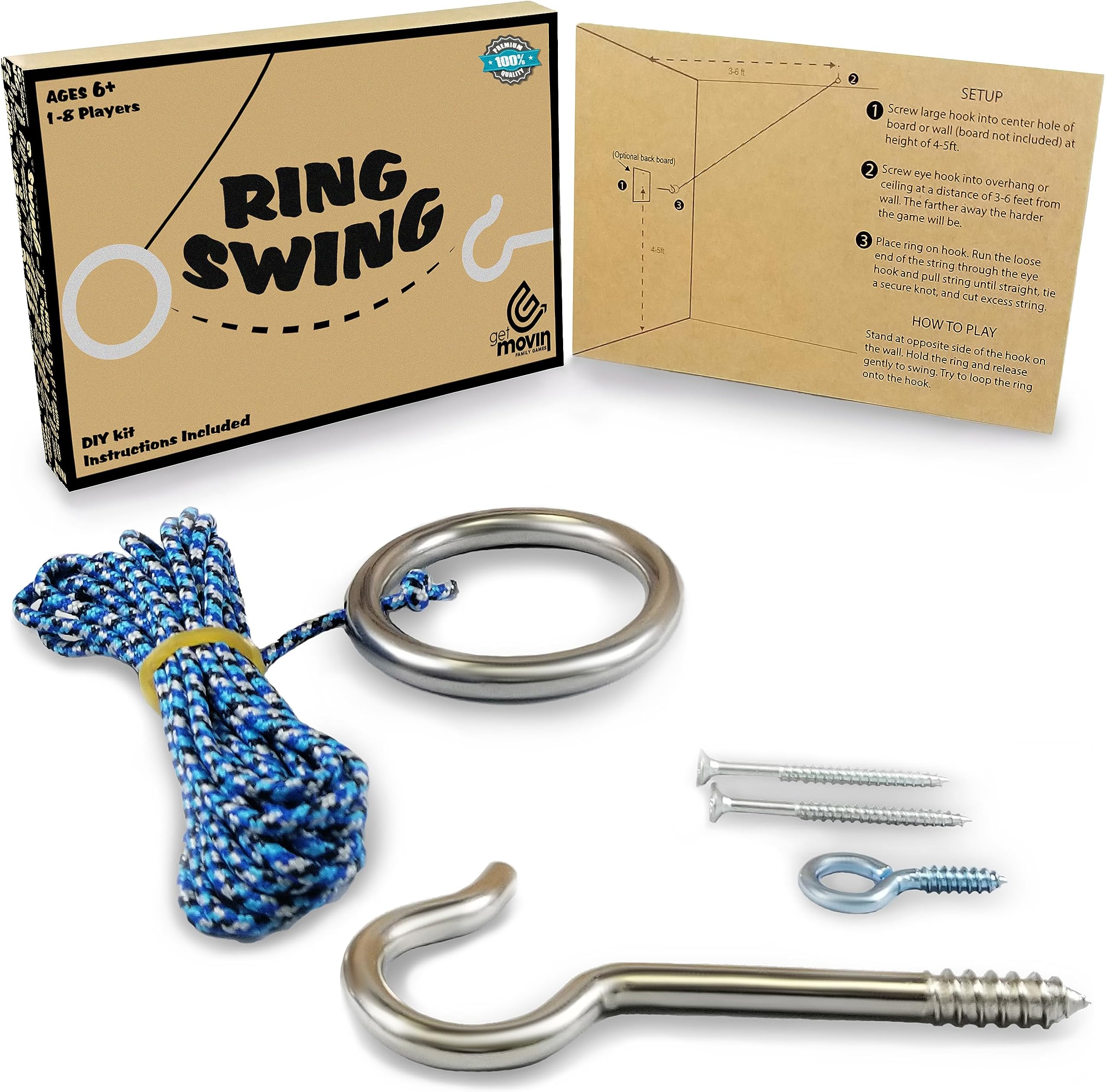 Hook and Ring Swing DIY Kit Stainless Steel Hardware and Nylon String Ring Toss Game Indoor – Outdoor for Endless Hours of Fun! GetMovin’ Sports