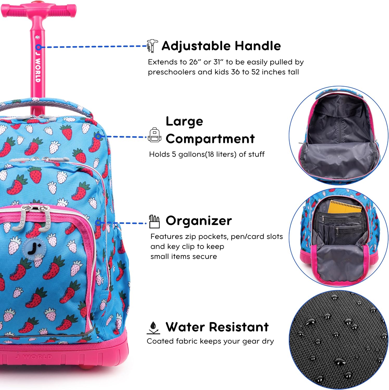J World Lollipop Kids Rolling Backpack & Lunch Bag Set for Elementary School. Carry-On Suitcase with Wheels, Strawberry
