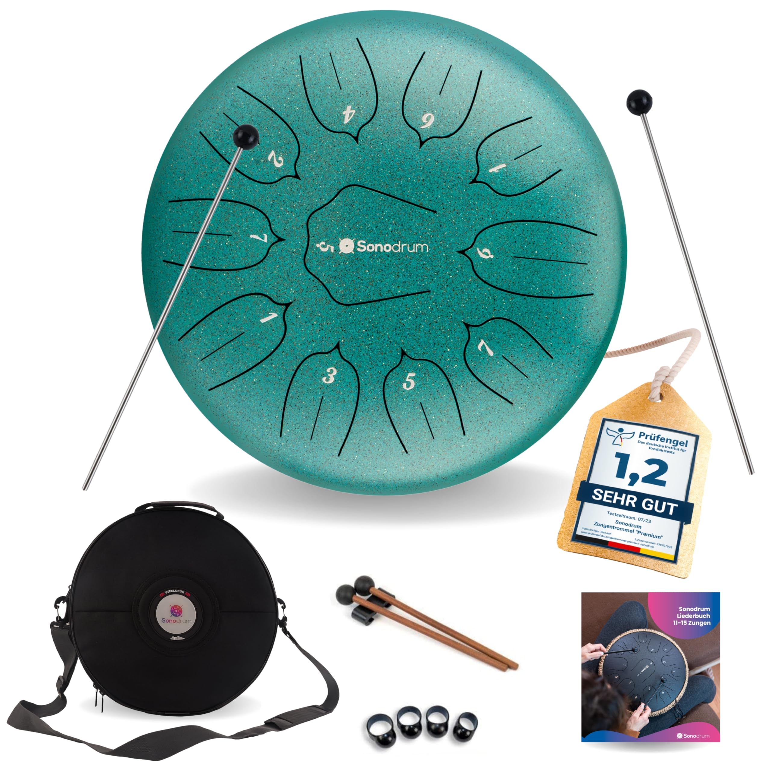 Zungentrommel "Standard" C - Dur in Grün - 30 cm groß mit 11 Tönen - Steel Tongue Drum inkl. Liederbuch, Schlägel, Fingersticks und Tragetasche - Notenlesen nicht nötig, einfach zu spielen.