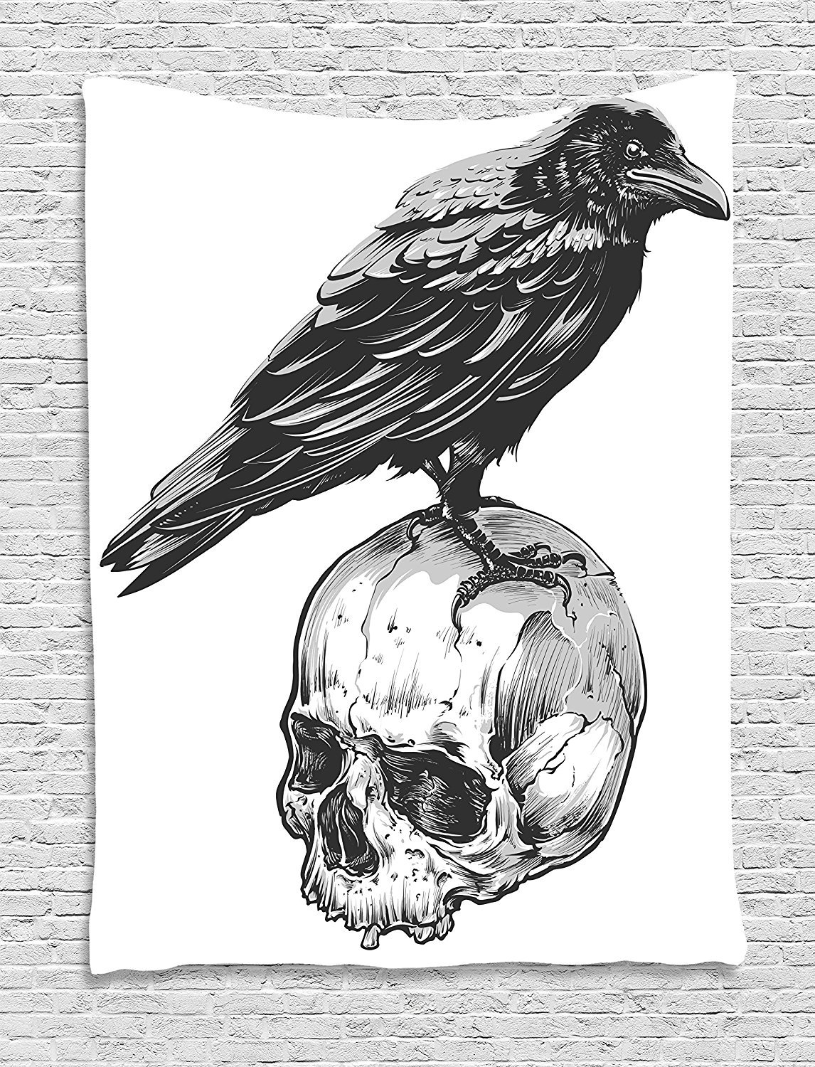 Ambesonne Scary Tapestry, Scary Movies Theme Crow Bird Sitting on a Human Old Skull Sketchy Image, Wall Hanging for Bedroom Living Room Dorm Decor, 40