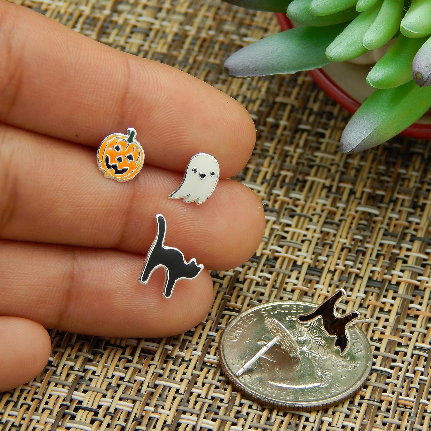 ICYROSE 925 Sterling Silver NEW Set of 3 Pairs Halloween Ghost Black Cat and Jack Pumpkin Stud Earrings (Nickel Free)