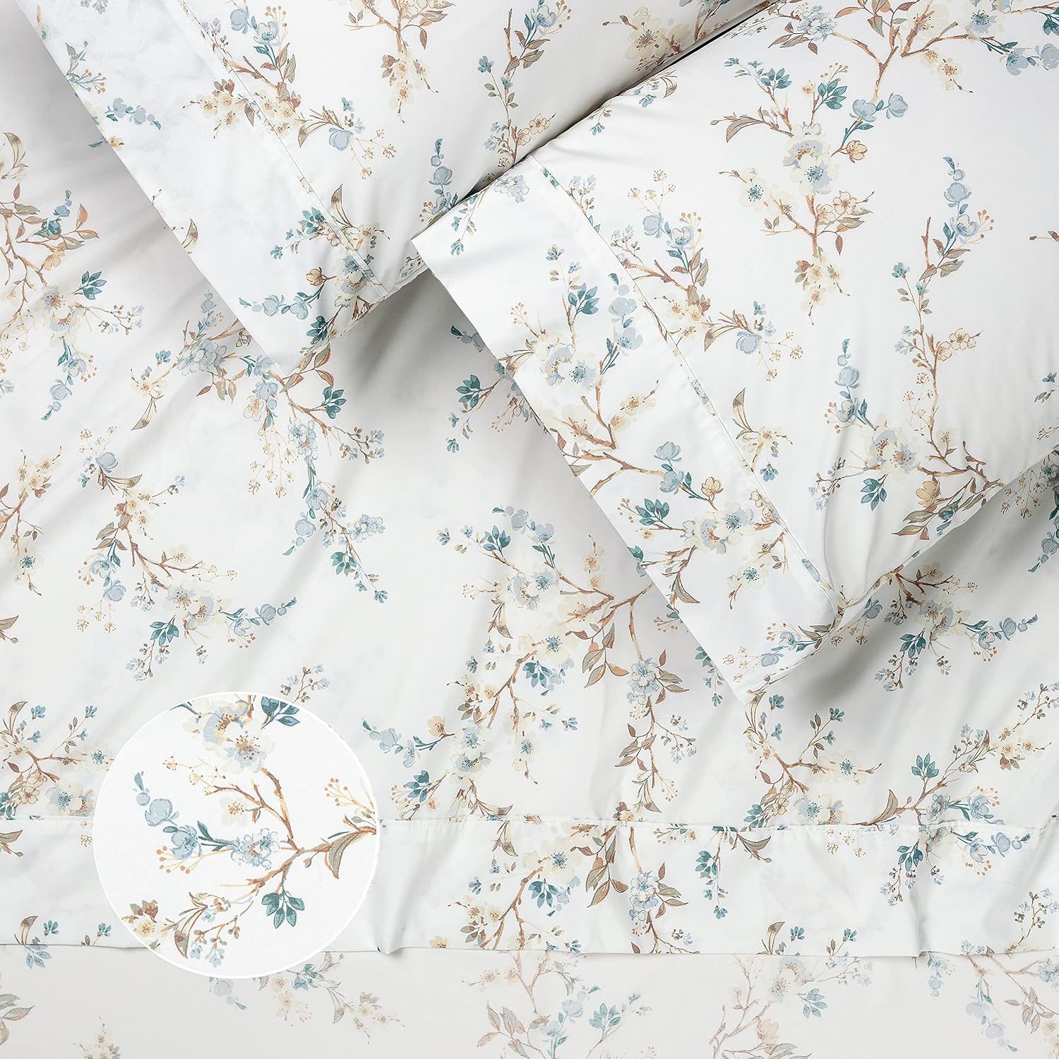 Chanasya Premium Traditional Floral Printed Elegant Patterned Queen Bed Sheet Set 4-Piece - 1 Flat Sheet 1 Fitted Sheet and 2 Pillowcases - Ultra Soft Microfiber Sheets - Blue