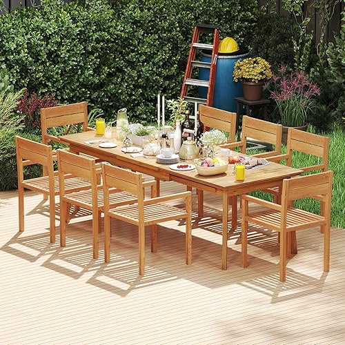 Miniatura 8 de Tangkula Silla de madera de teca para exteriores, sillón de comedor con asiento y respaldo de tablillas, muebles de asiento de madera maciza