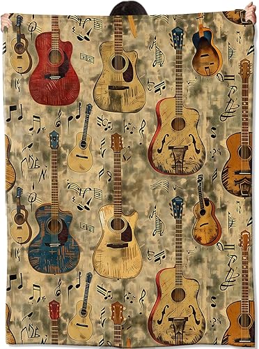 Manta de guitarra acústica vintage, regalos para niños, mujeres, niñas adultas, notas musicales, mantas retro, suaves y cómodas para el hogar, sofá,