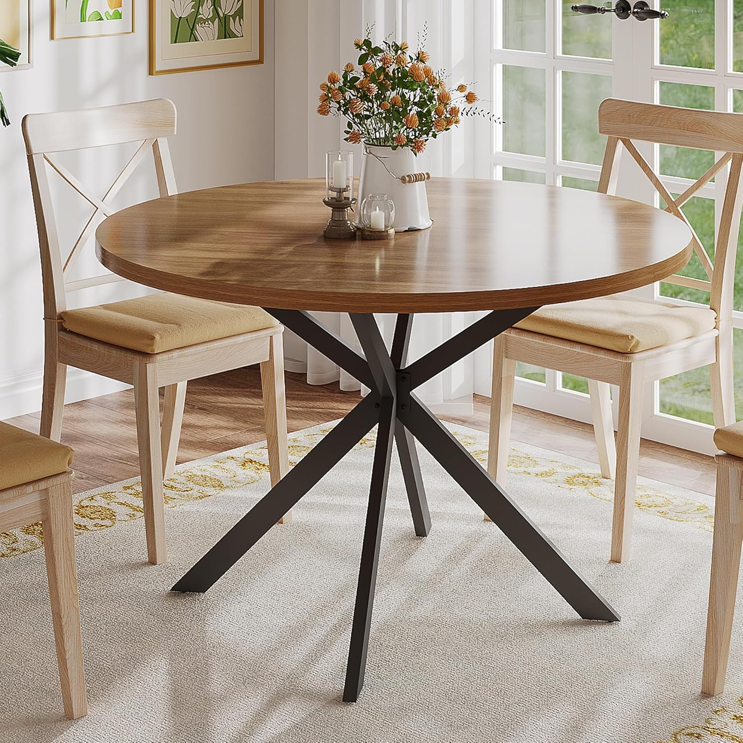 ChooChoo 47.2 Inch Round Dining Table for 4, Farmhouse Wood Kitchen Table, Round Dinner Table for Kitchen &amp; Dining Room, Walnut The Forest Stewardship Council