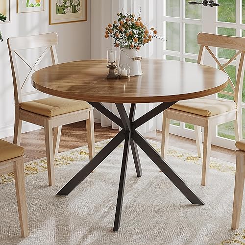 ChooChoo Mesa de comedor redonda de 47.2 pulgadas para 4, mesa de cocina de madera de granja, mesa de comedor redonda para cocina y comedor, nogal