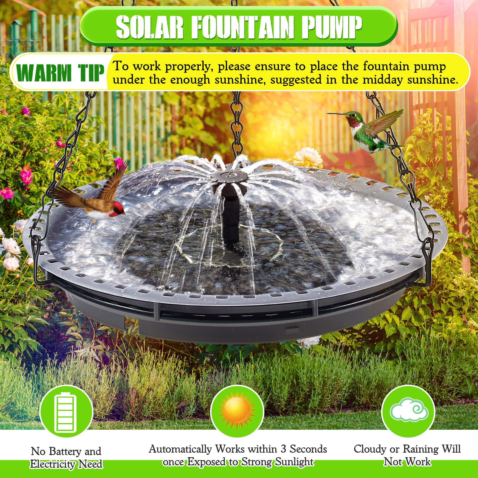 Fuente solar de baño para pájaros para exteriores con 4 patrones de agua | Juego combinado de bomba de agua de colibrí con energía solar colgante para jardín, patio, césped