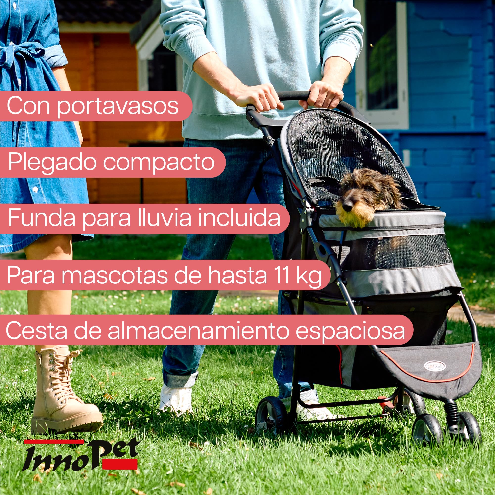 Innopet Avenue gris mezclado - Cochecito urbano plegable de 3 ruedas para perros y gatos, incluye cubierta de lluvia, correas de seguridad y cesta inferior