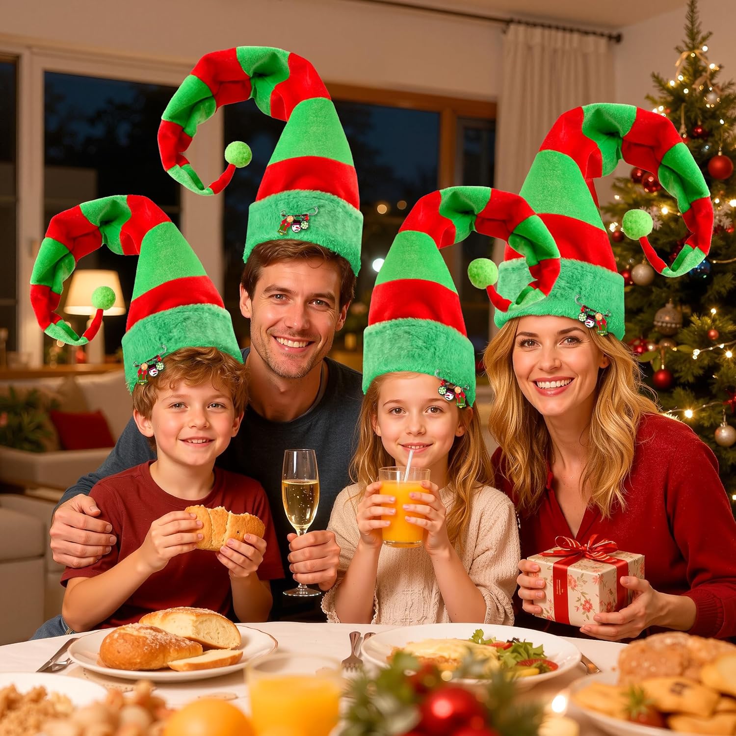 Christmas Elf Hat, Elf Santa Hats with Cute Brooch Pin, Red and Green Strips Elf Hats for Christmas Party - Image 7