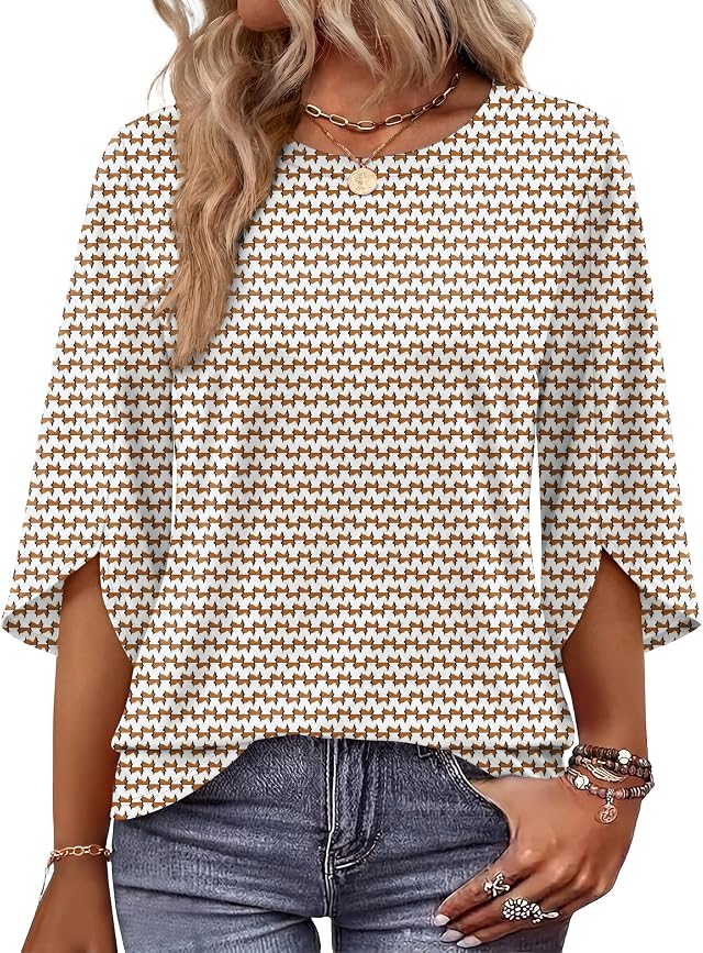 OFEEFAN 3/4 Length Sleeve Womens Tops Crew Neck Petal Sleeve Summer Tops Womens Blouses Dressy Casual