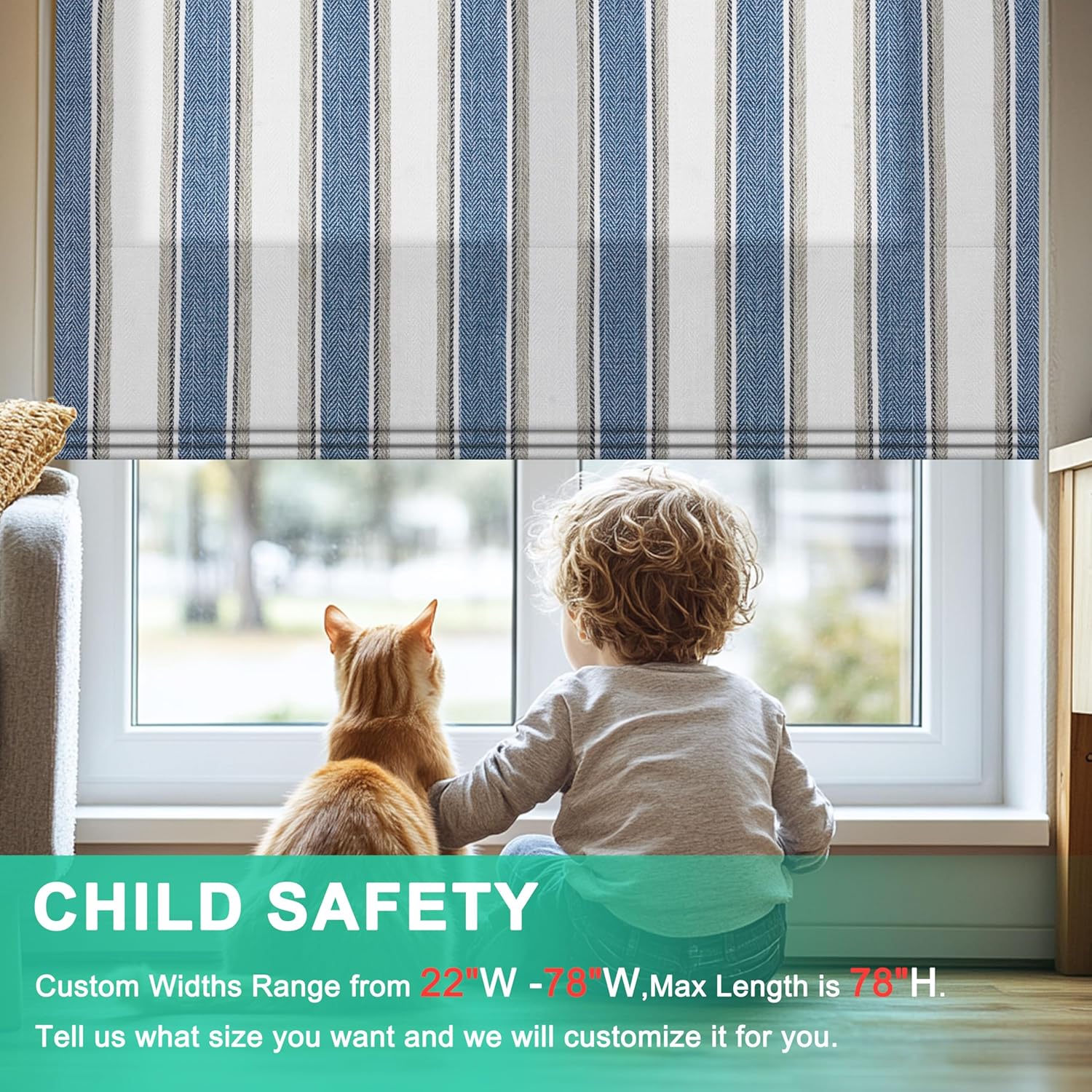 No Drill Roman Shades, Roman Blinds for Indoor Windows, 60％Blackout,Thermal Insulation, Easy to Install for Bathroom Decor, Protection of Privacy,Stripes of Blue,24" W x 36" H