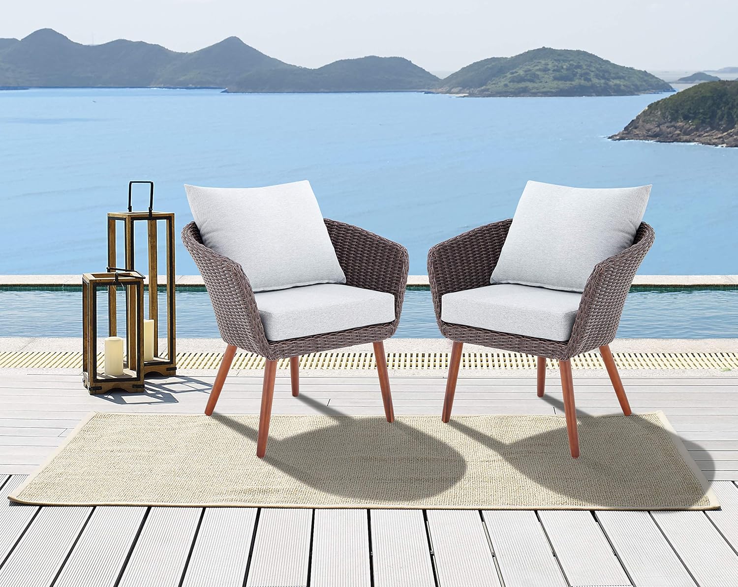 Athens All-Weather Brown Wicker Outdoor Chairs with Light Gray Cushions, Set of 2