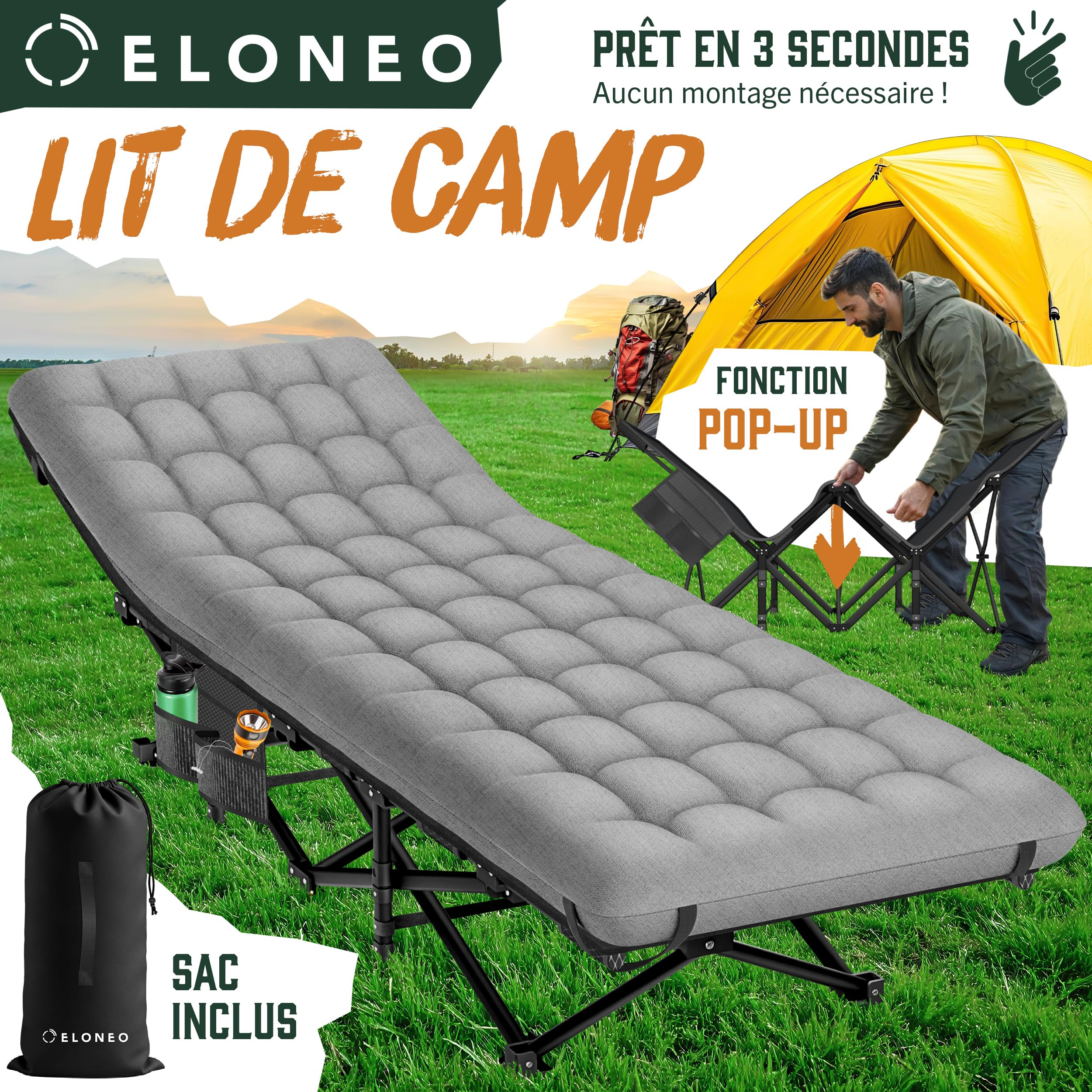 ELONEO Nouveau lit de Camp Pliable avec surmatelas Premium | Lit de Camping Jusqu’à 200kg de Charge | Lit d’appoint Pliable | Lit Pliant intérieur et extérieur | Lit de Voyage Adultes