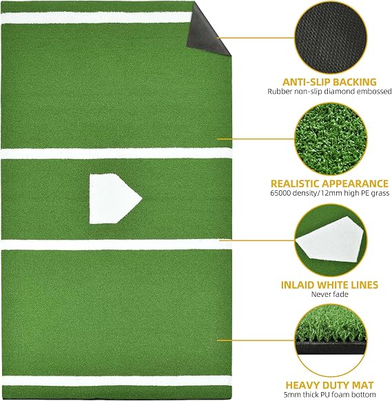 Shopsource Baseball Softball Training Mat with Home Plate Batters Box - Upgraded Anti-Slip Mat with Stitched Embroidery Turf for Indoor Outdoor